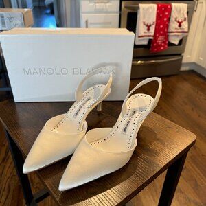 Designer White Satin Slingback Pumps